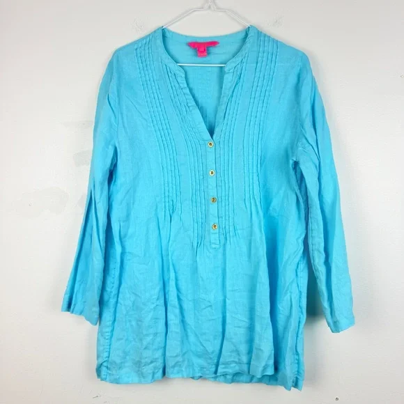 Lilly Pulitzer Blue Horizon Sarasota Linen Tunic Top Button Front Boho Blouse - Picture 3 of 6